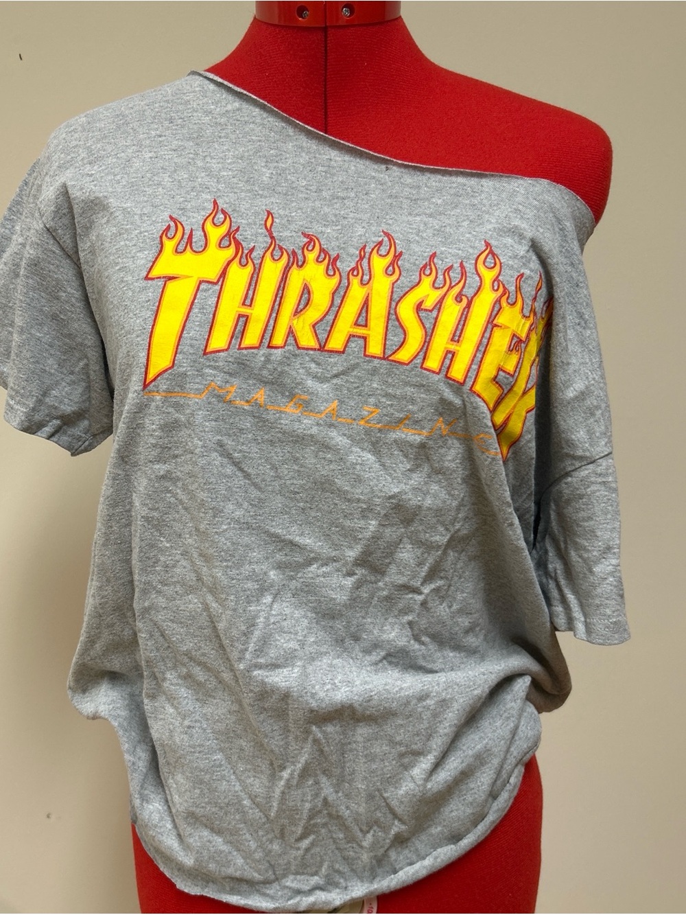 Thrasher Gray Tee with Yellow and Red Flame Logo